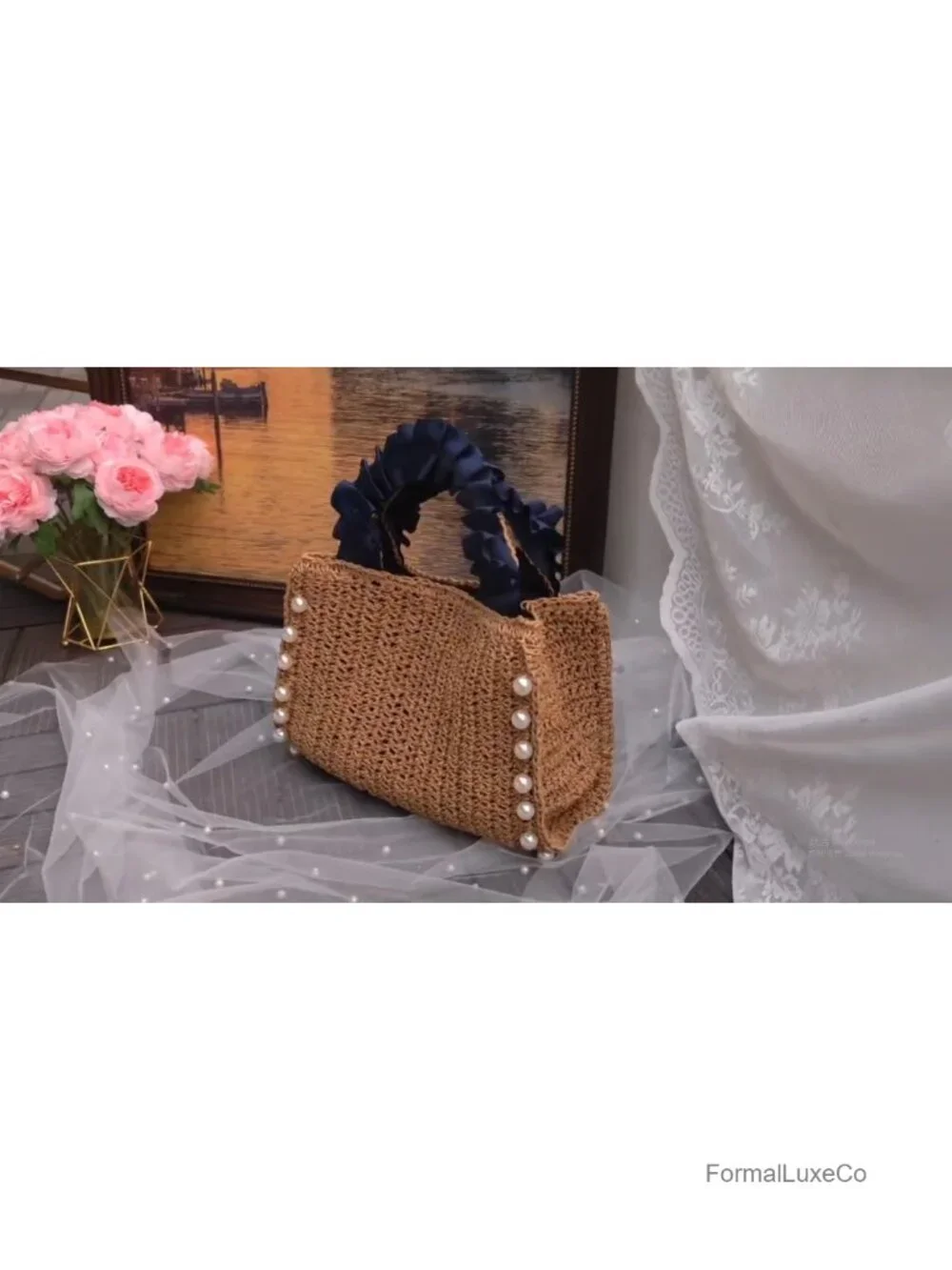 Straw Tote Bag Women Pearls Woven Handbag Summer Travel Beach Bag